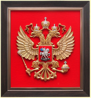 Панно герб РФ 26х28см. (арт. Панно 28/1 орех): щит - флок, рама - орех, орел - пластик, краска, кристаллы Сваровски вариант №1 Панно герб РФ 26х28см. (арт. Панно 28/1 орех): щит - флок, рама - орех, орел - пластик, краска, кристаллы Сваровски вариант №1