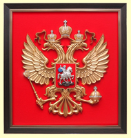 Панно герб РФ 26х28см. (арт. Панно 28/1 орех): щит - флок, рама - орех, орел - пластик, краска, кристаллы Сваровски вариант №1 Панно герб РФ 26х28см. (арт. Панно 28/1 орех): щит - флок, рама - орех, орел - пластик, краска, кристаллы Сваровски вариант №1